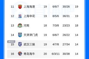 中超积分榜:津门虎逃离降级区,海港反超申花,海牛14分垫底