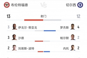 切尔西vs小蜜蜂全场数据:射门12-13、射正2-6、得分机会1-4